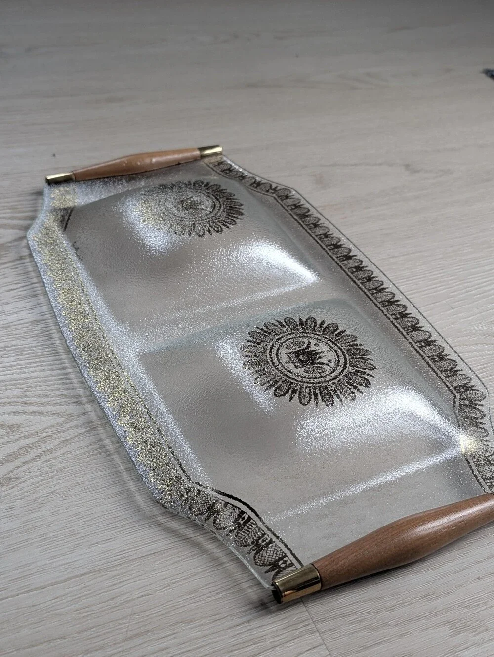 Vintage Georges Briard Glass Tray, Teak Handles, Gold & Brown Design.